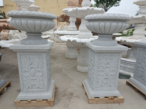 Pair of Sesame White Marble Urns on Pedestals 20759