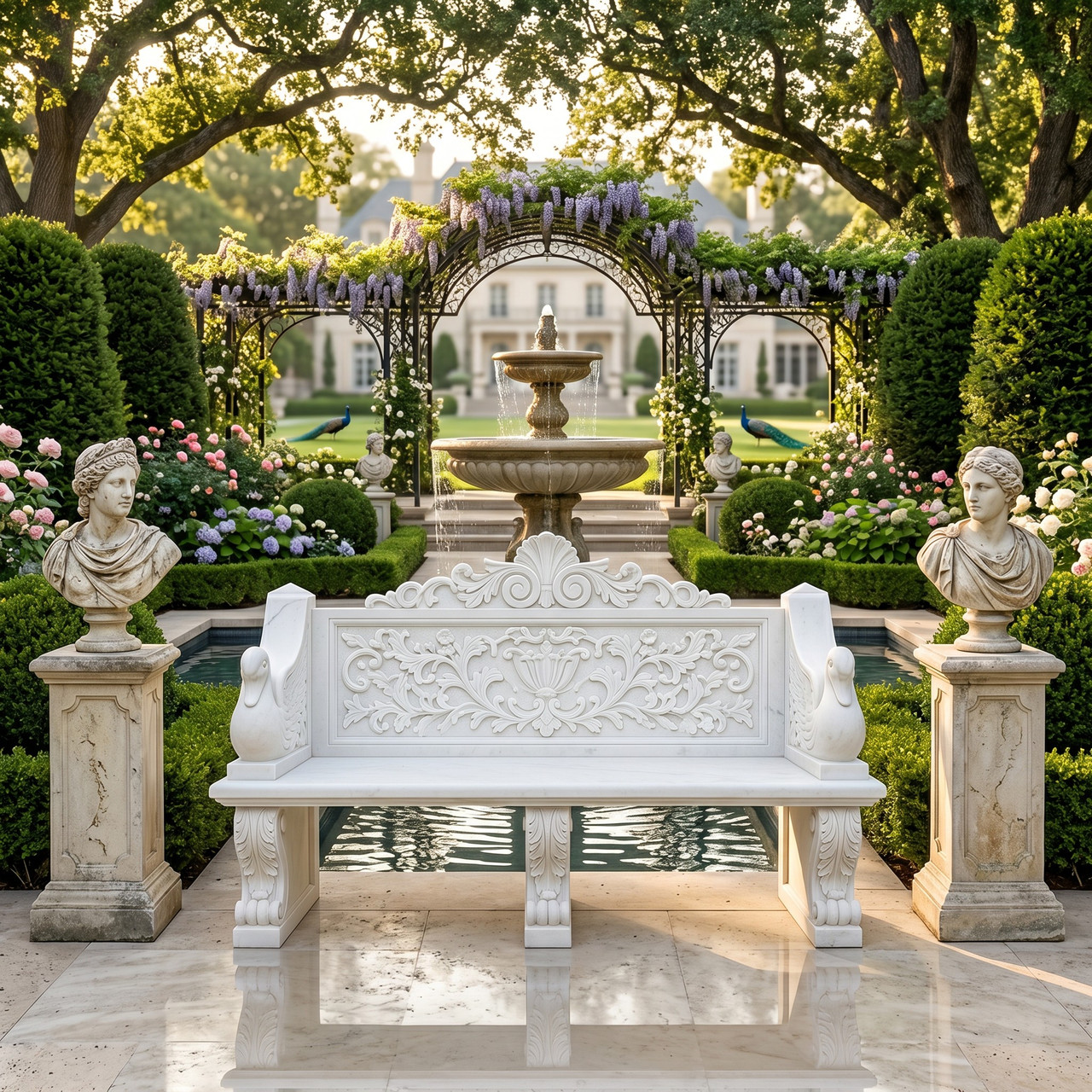 White Marble Swan Bench