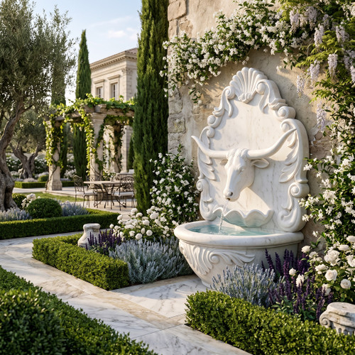White Marble Longhorn Fountain 59 Inches High