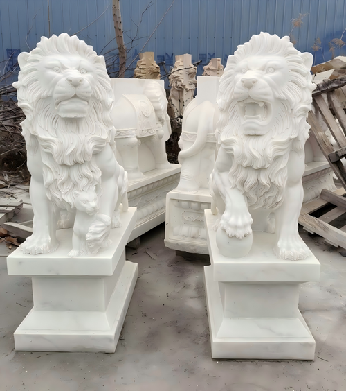 Pair White Marble Lions 39 Inches High GE21577