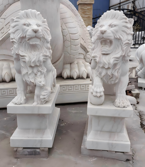 Pair White Marble Lions 47 Inches High GE221578