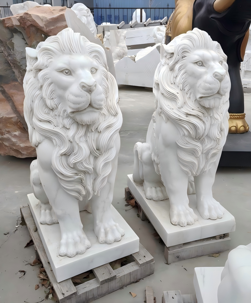 Pair White Marble Sitting Lions 35 Inches H GE21580