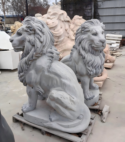 Pair Black Grey Stone Sitting Lions 47 Inches High