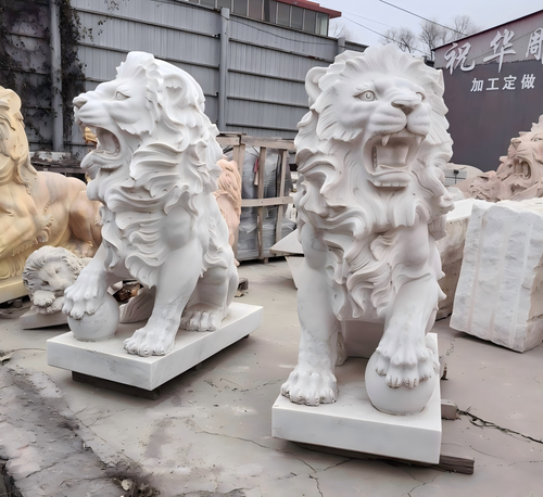 Pair White Marble Lions with Ball 55 Inches High
